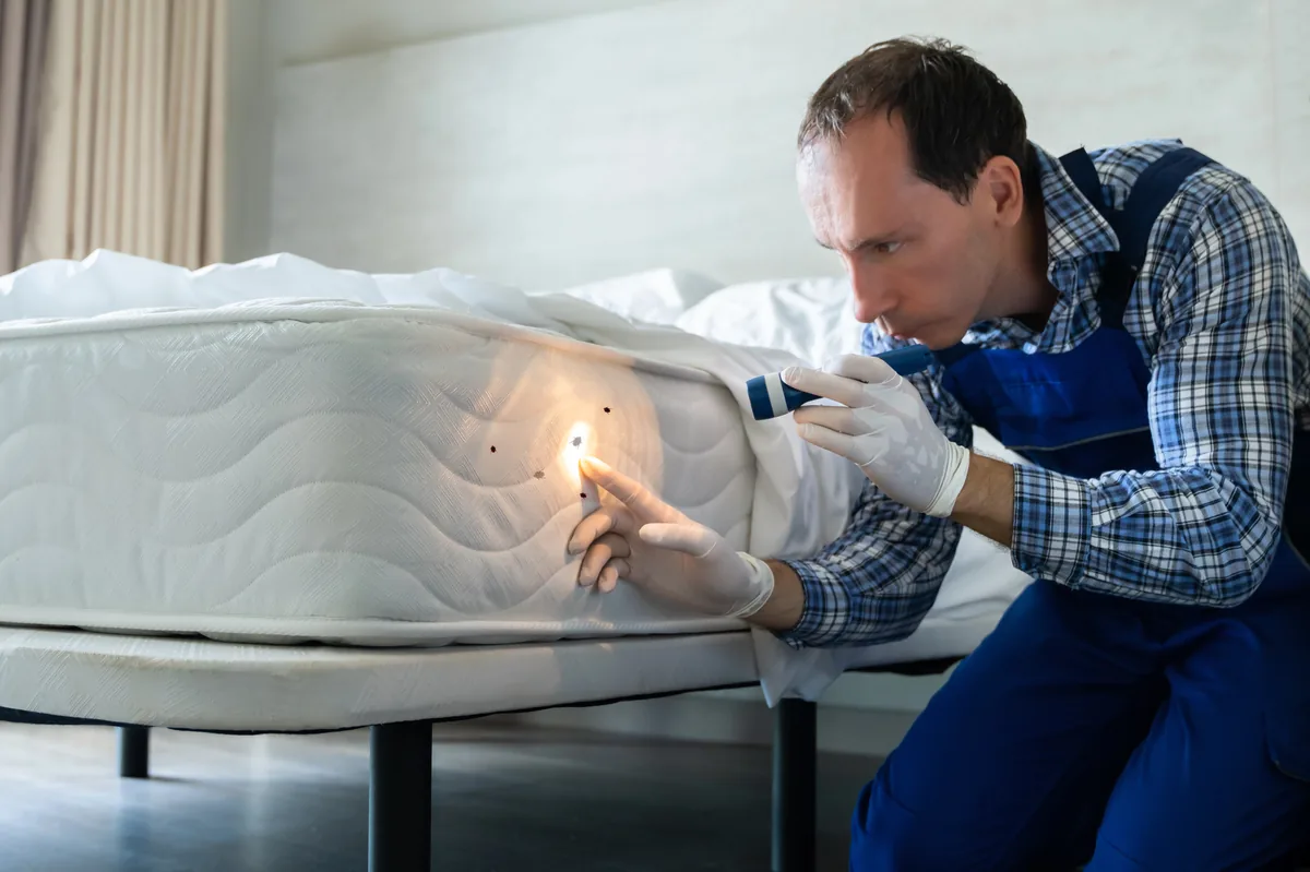 Kammerjäger untersucht Matratze mit Taschenlampe auf Bettwanzenbefall
