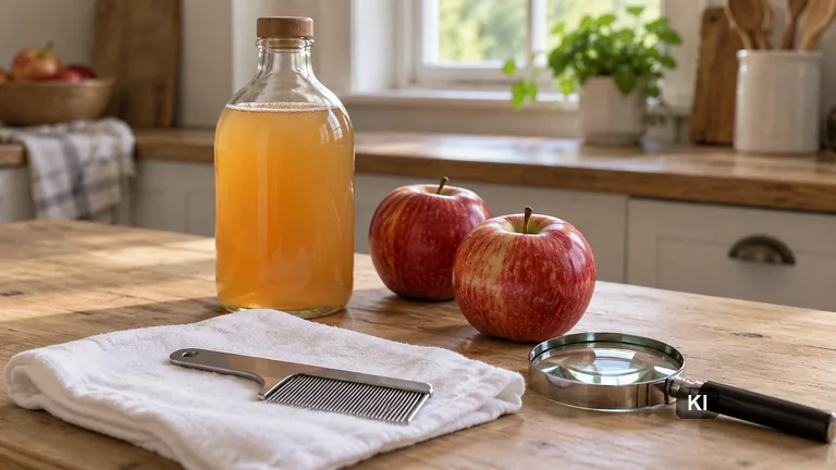 Flasche Apfelessig mit Äpfeln, daneben Flohkamm und Lupe auf einem Küchentisch
